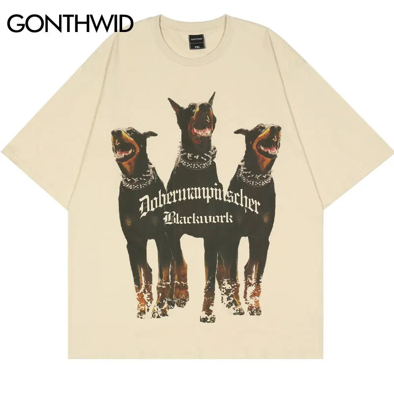 Hip Hop Doberman Dog Graphic Print Oversized T-Shirt Streetwear Fashion Cotton Loose Tshirts Tee Tops