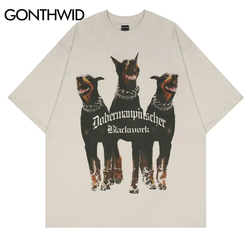 Hip Hop Doberman Dog Graphic Print Oversized T-Shirt Streetwear Fashion Cotton Loose Tshirts Tee Tops