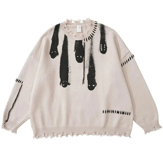 Hip Hop Sweaters Streetwear Y2K Grunge Ripped Ghost Print Punk Gothic Knitted Jumpers Autumn Harajuku Casual Pullover Sweaters