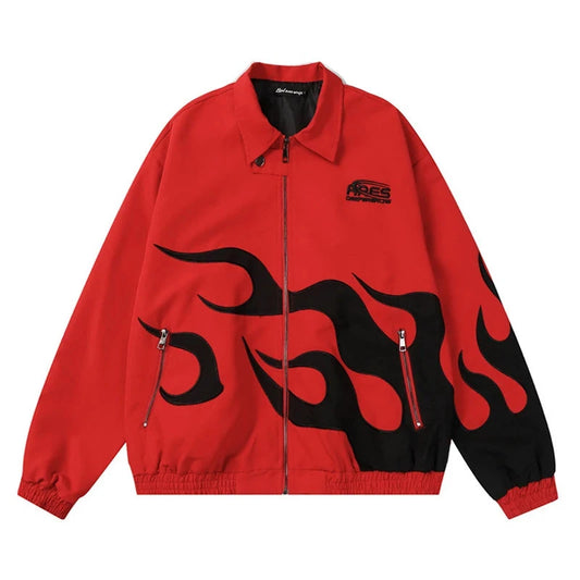 2024 Men Flame Printed Jacket Coat Harajuku Hip Hop Streetwear Bomber Jackets Spring Outwear Red Black