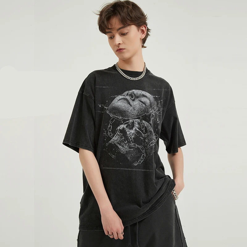 2024 Hip Hop Streetwear Retro Washed Black T-Shirt Men Cracked Face Skull Graphic T Shirt Cotton Tshirt Harajuku Tops Tee Unisex