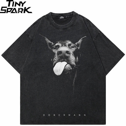 Hip Hop 2024 Washed Black T-Shirt Streetwear Graphic Doberman Dog T Shirt Cotton Hipster Men Tshirt Harajuku Tops Tees Unisex