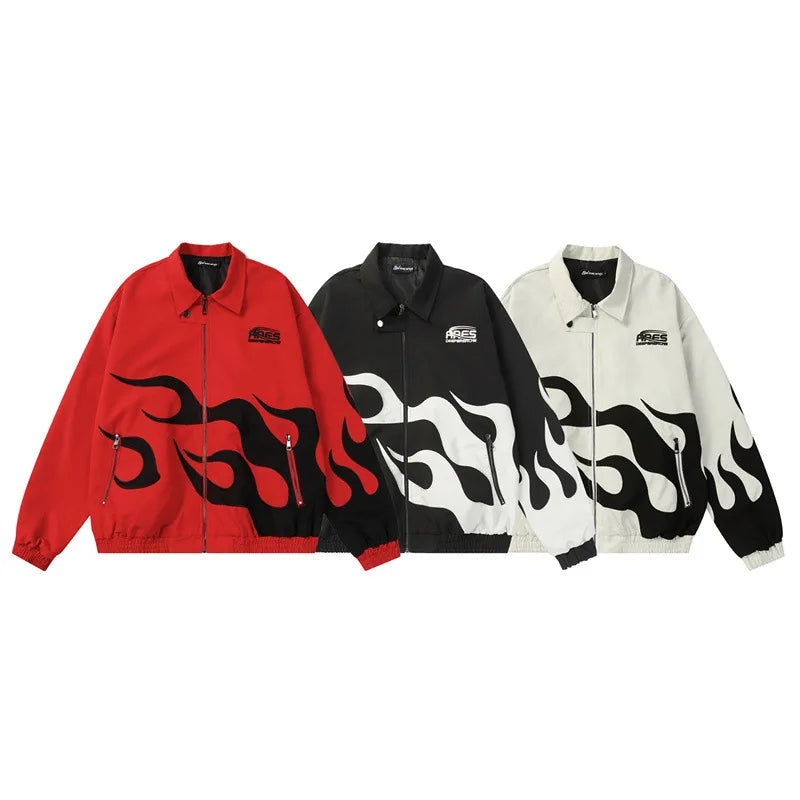 2024 Men Flame Printed Jacket Coat Harajuku Hip Hop Streetwear Bomber Jackets Spring Outwear Red Black